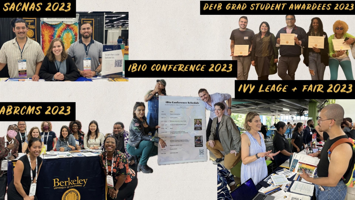 Collage of students and staff at various DEI conferences and events such as SACNAS 2023, DEIB Grad Student Awardees 2023, iBio Conference 2023, ABRCMS 2023, and Ivy League Fair 2023