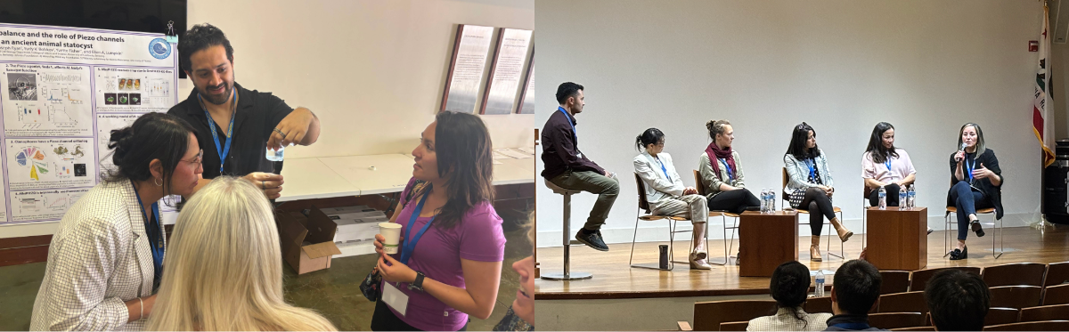 (Left) MCB postdoc Oscar Arenas (Lumpkin Lab) discusses his research on the origins of animal touch sensation at the poster session. (Right) Panelists from California Council on Science & Technology, Chan Zuckerberg Imaging Institute, Countable Labs and Stanford discuss their career paths and take questions from the audience.